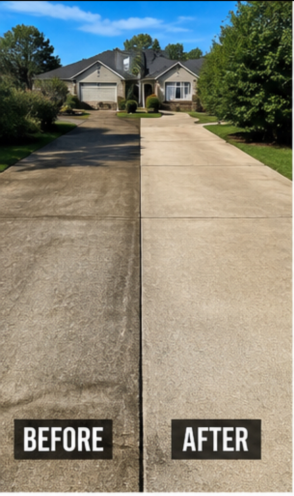 Before and after driveway pressure washing in Greensboro, NC