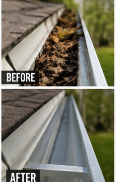 Gutter before and after cleaning out leaves and debris