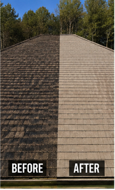Before and after soft wash roof cleaning removing black streaks